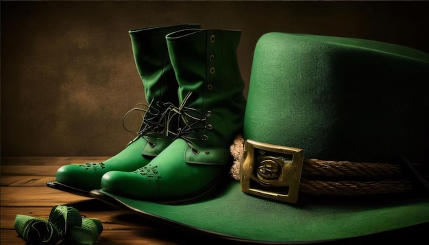 Des chaussures et un chapeau verts sur un sol en bois, un fond sombre, une couleur verte, symbole de la fête de Saint-Patrick.