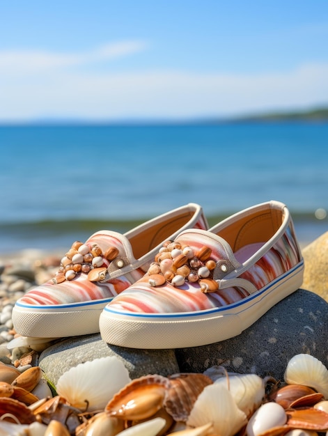 Des chaussures sur des coquillages