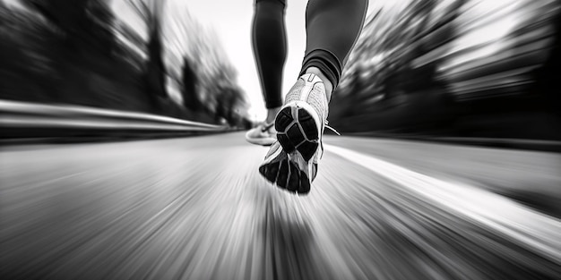 Des chaussures de course dynamiques en action sur le trottoir avec un flou de mouvement