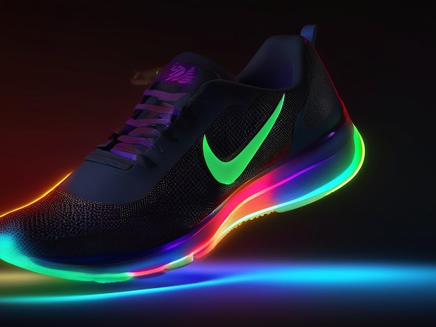 Chaussures de course avec des lumières au néon sur un fond sombre rendu 3D chaussures au néon