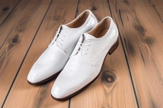 Chaussures en cuir habillées blanches pour hommes sur fond en bois blanc AI