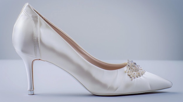 Des chaussures élégantes à talons hauts blancs avec des boucles de bijoux Des détails sur les chaussures de mariée