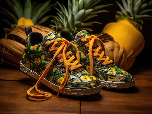 Des chaussures fantastiques faites de fruits et légumes frais mode végétalien fond blanc chaussures créatives