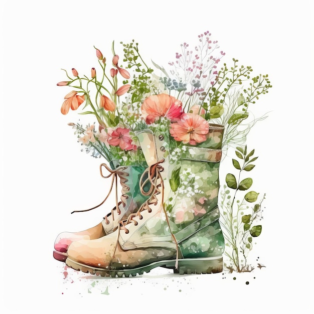 Photo chaussures avec fleurs composition peinture aquarelle generative ai