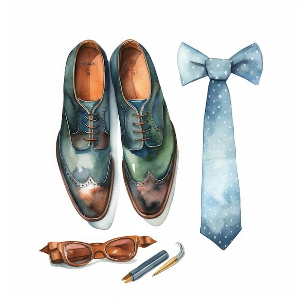 Photo chaussures homme39s et cravate et lunettes aquarelle sur fond blanc ia générative