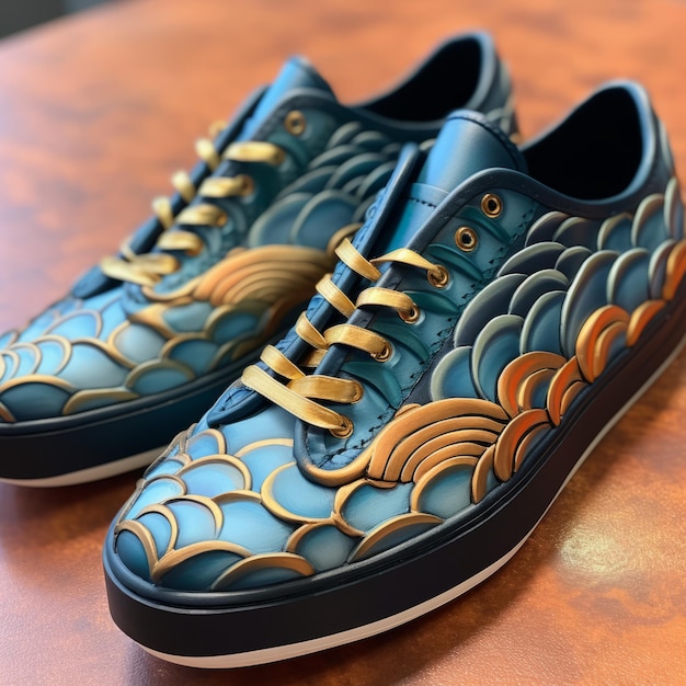 Des chaussures Koi Pond bleues et dorées avec des cieux détaillés et une influence Ukiyoe