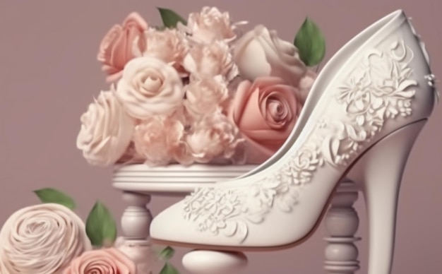 Chaussures de mariage Brides avec un bouquet de roses et autres fleurs