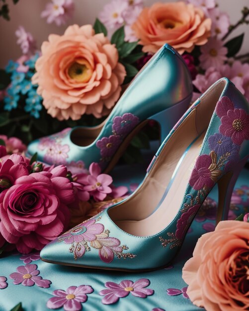 chaussures de mariage à talons hauts sur un fond de fleurs ai générative