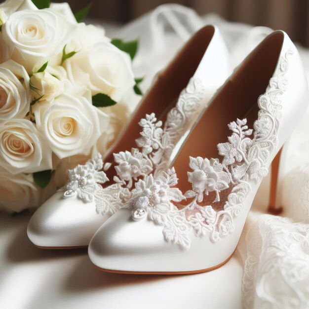 Chaussures de mariée et bouquet