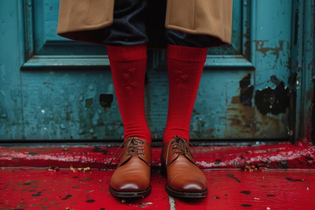 Photo des chaussures à la mode et des chaussettes vibrantes contre une porte rustique