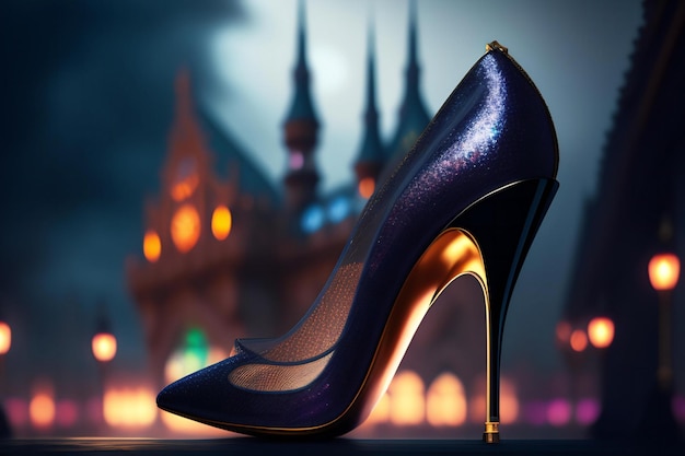 Chaussures noires à talons hauts sur le fond de la ville nocturne rendu 3D