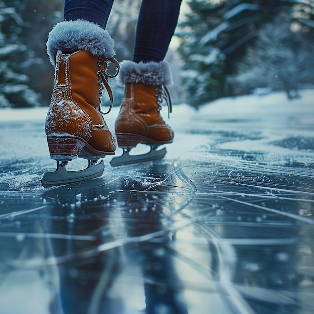 Chaussures de patinage sur glace d'hiver sur une piste de skateboard enneigée