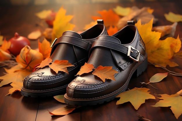 chaussures de pèlerin ornées de feuilles d'automne fond aquarelle