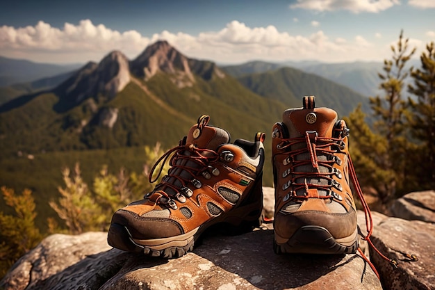 Chaussures de randonnée sur le sommet d'équipements d'activités de randonnées récréatives de montagne