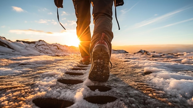 Chaussures d'un randonneur dans la neige avec des bâtons de randonnée montagnes à l'horizon coucher de soleil d'hiver