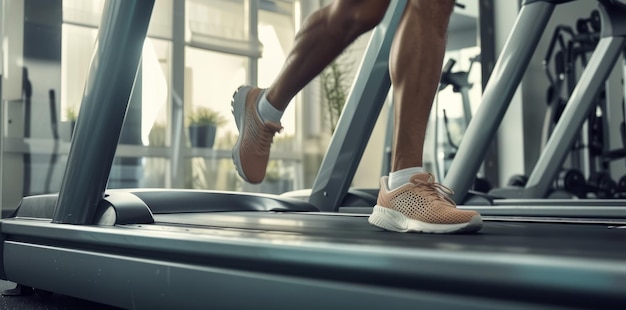 Photo des chaussures rapprochées, des jambes musclées, des pieds pendant la course sur tapis roulant.