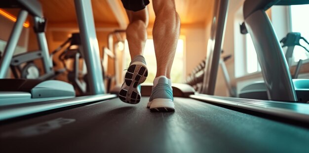 Photo des chaussures rapprochées, des jambes musclées, des pieds pendant la course sur tapis roulant.