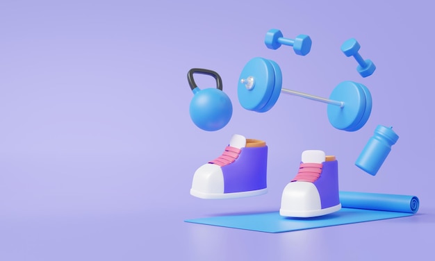 Chaussures de rendu 3D avec ensemble outil d'exercice de remise en forme sport concept sain flottant sur fond pastel équipement haltère tapis de yoga eau minérale soins de santé illustration d'élément de dessin animé minimal