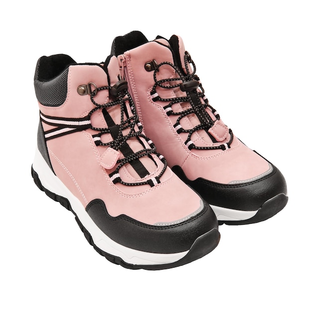 Chaussures roses pour enfants pour la jeune fille isolée sur fond blanc Bottes demi-saison