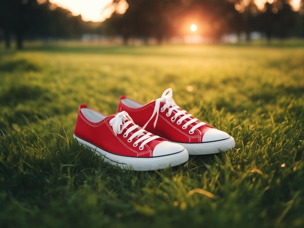 Chaussures rouges Chaussures rouge au coucher du soleil Focus sélectif généré par l'IA