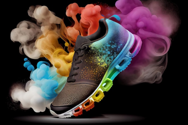 Photo chaussures de sport en fumée magique avec arc-en-ciel de couleurs et étoiles qui brillent à travers