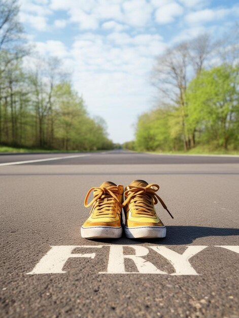 chaussures de sport masculines et mot vendredi chaussures de sport masculines sur la route d'asphalte avec le mot dessiné vendredi