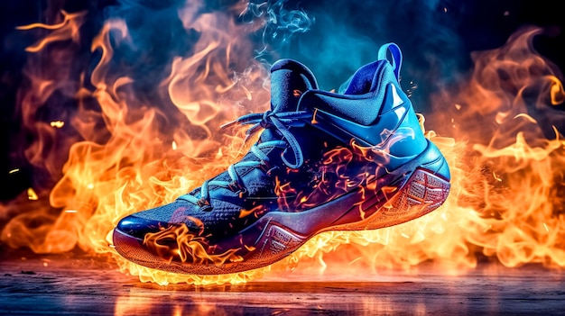 les chaussures de sport en salle brillent avec les flammes du feu dans un mouvement énergique sur le terrain IA générative