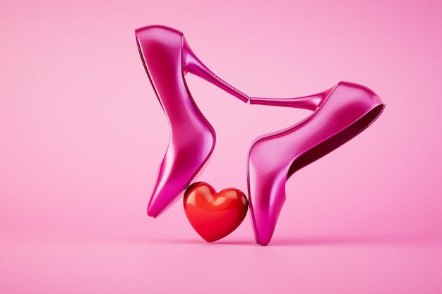 Chaussures à talons hauts rouges en forme de coeur isolés sur fond pastel rendu 3d