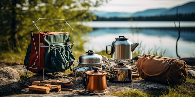 Chaussures de tente de camping AI génératives et une marmite dans un camping