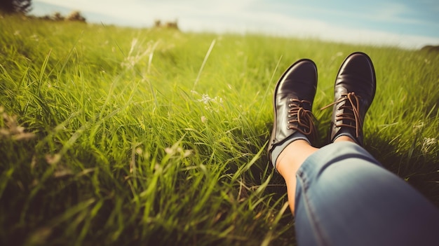 Les chaussures de Woman039 sur ses beaux pieds le fond de la nature