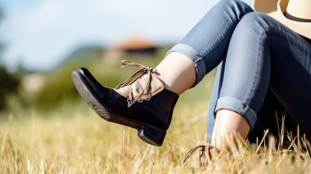 Les chaussures de Woman039 sur ses beaux pieds le fond de la nature