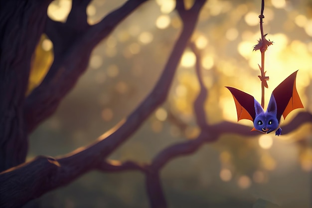 Chauve-souris accrochée à une branche d'arbre dans un feuillage vert sous les rayons du soleil illustration 3d