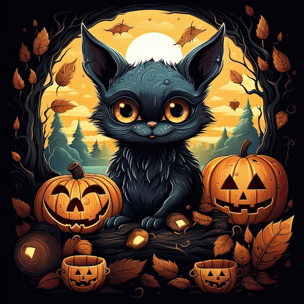 chauve-souris chat minou tshirt conception vecteur clipart halloween effrayant personnage illustration tatouage effrayant