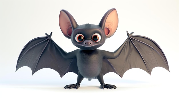 Une chauve-souris de dessin animé mignonne et sympathique avec de grands yeux et une expression heureuse La chauves-souris se tient sur deux pattes et a ses ailes déployées