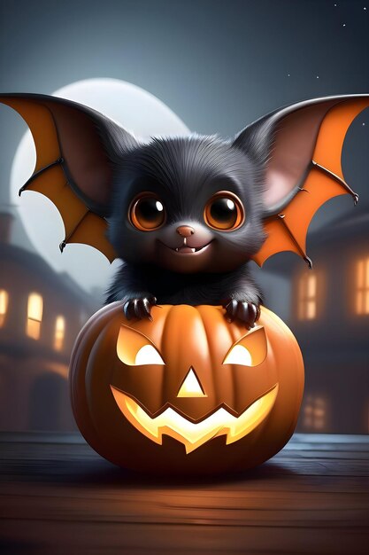 Photo une chauve-souris mignonne assise sur une citrouille d'halloween