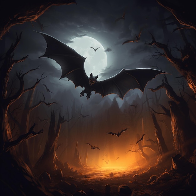 Une chauve-souris volant dans un endroit sombre scène de terreur d'Halloween