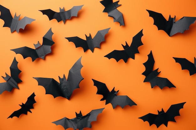 Photo des chauves-souris d'halloween fabriquent des décorations effrayantes sur un fond orange