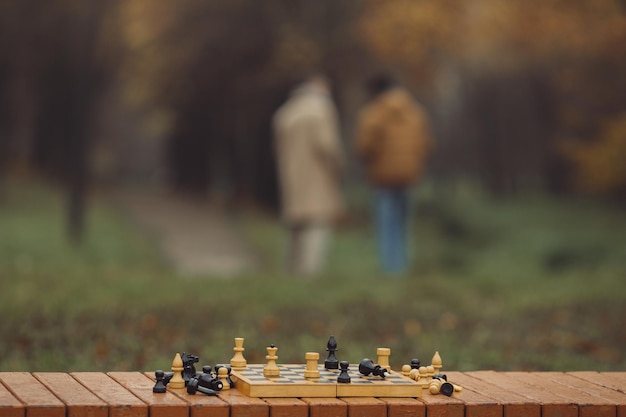 Échecs et échec et mat Jeu d'échecs terminé dans le parc d'automne