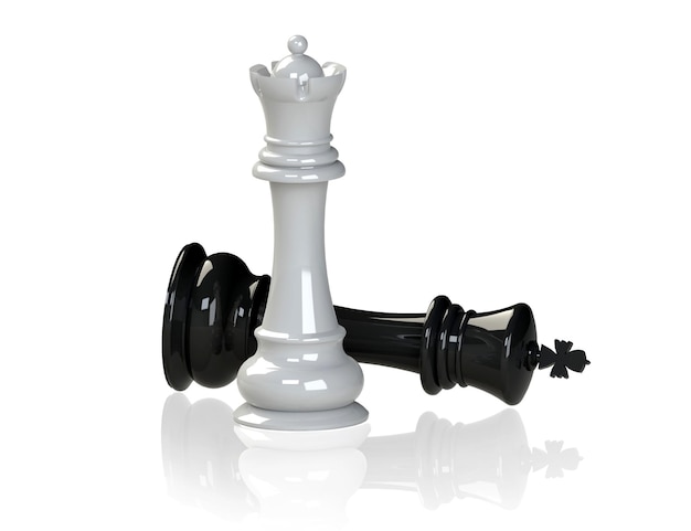 Échecs - la reine gagne le roi, rendu 3d, isolé sur blanc