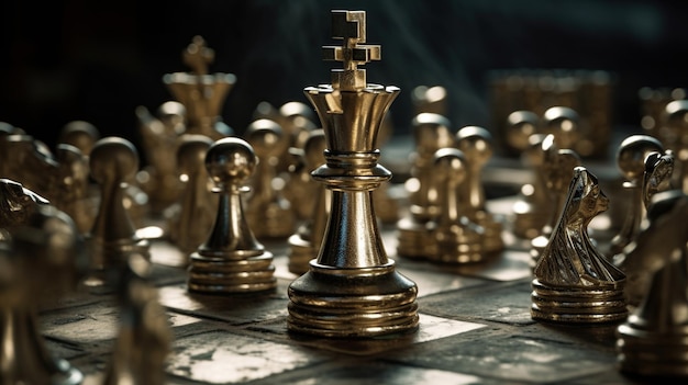 Échecs de la reine d'or entourés d'un certain nombre de pièces d'échecs en argent tombées concept de stratégie commerciale IA générative