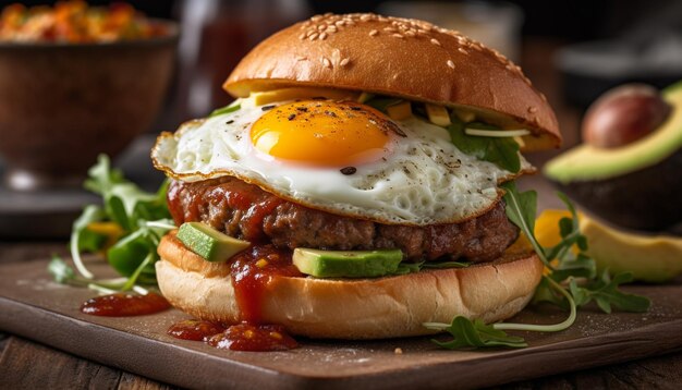 Cheddar fondant sur un burger maison avec des légumes frais prêts à manger générés par l'IA