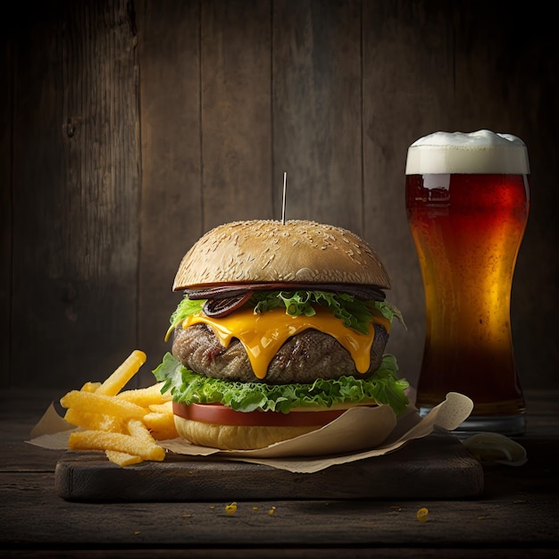 Cheese burger classique avec frites et bière