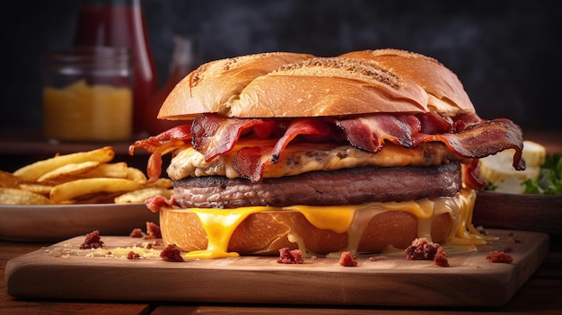 Un cheeseburger au bacon avec du bacon dessus