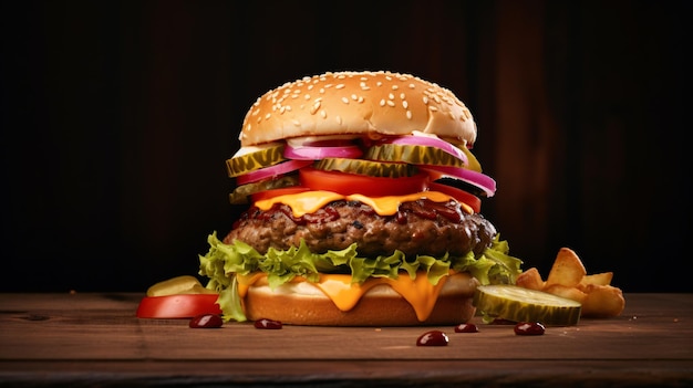 Un cheeseburger au bœuf avec de la garniture sur la table.