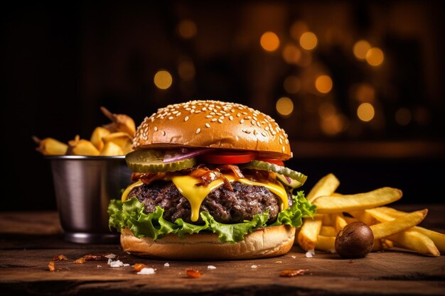 Cheeseburger classique avec galette de bœuf cornichons fromage tomate oignon laitue et ketchup moutarde est