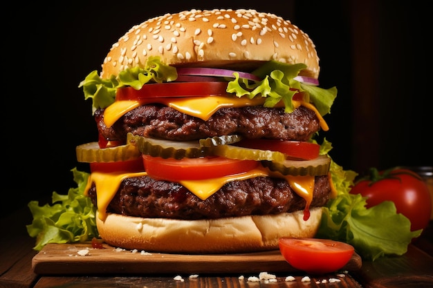 Cheeseburger classique avec galette de bœuf cornichons fromage tomate oignon laitue et ketchup moutarde est