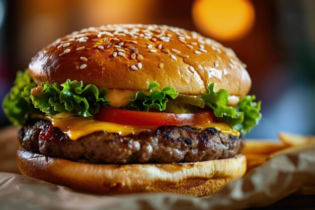 Cheeseburger classique avec laitue et tomates sur un petit pain