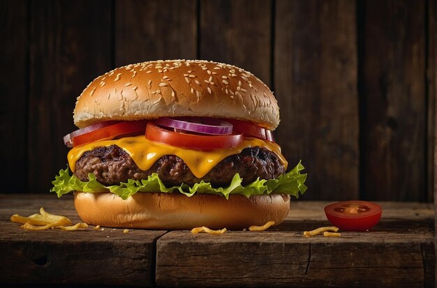 Un cheeseburger classique sur une table en bois rustique