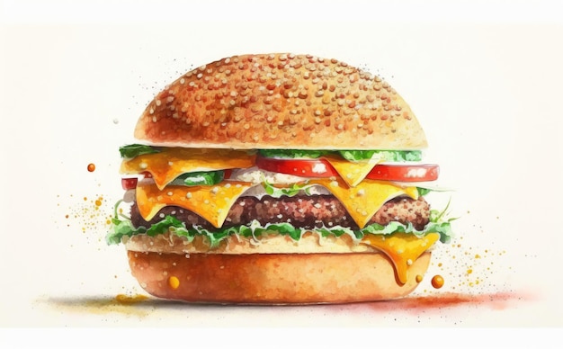 un cheeseburger dessiné sur fond blanc aquarelle illustrations de restauration rapide générées par ai