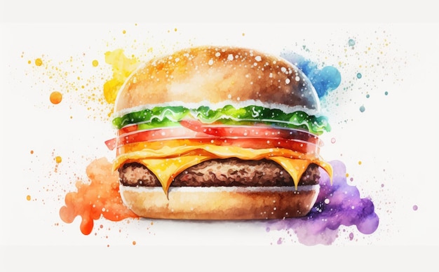 un cheeseburger dessiné sur fond jaune aquarelle illustrations de restauration rapide générées par ai